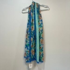 Talbots Scarf NWT $59 Stripe Floral Green Cotton Accessory Outerwear Lightweight